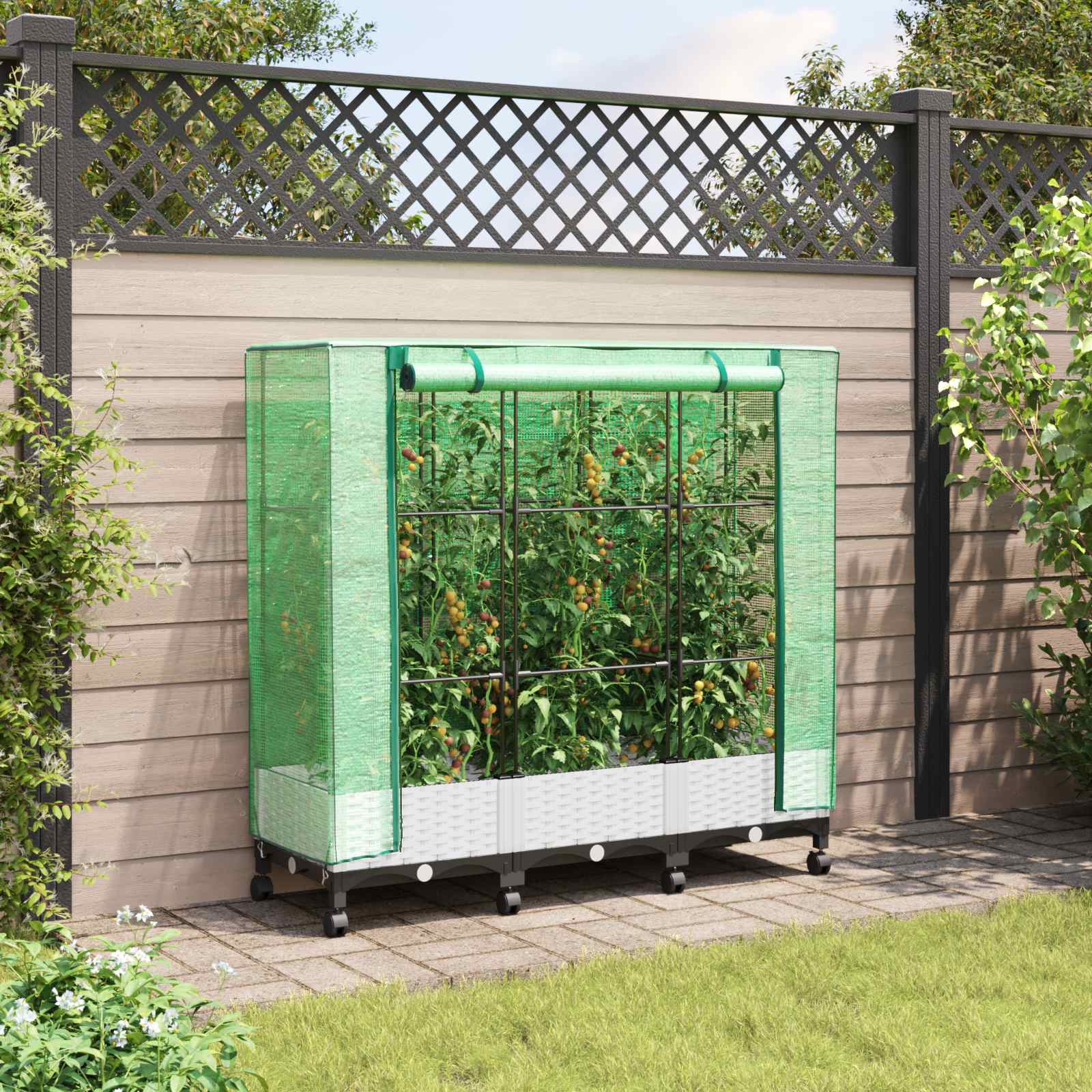 Gartenplanter mit Gewächshausabdeckung und Rädern 3 stk. Weiß
