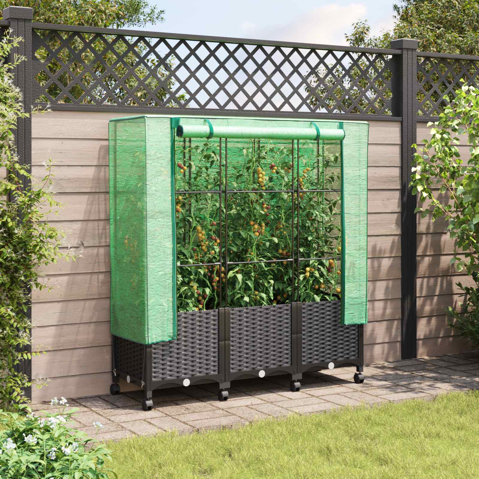 Gartenplanter mit Gewächshausabdeckung und Rädern 3 stk. PP