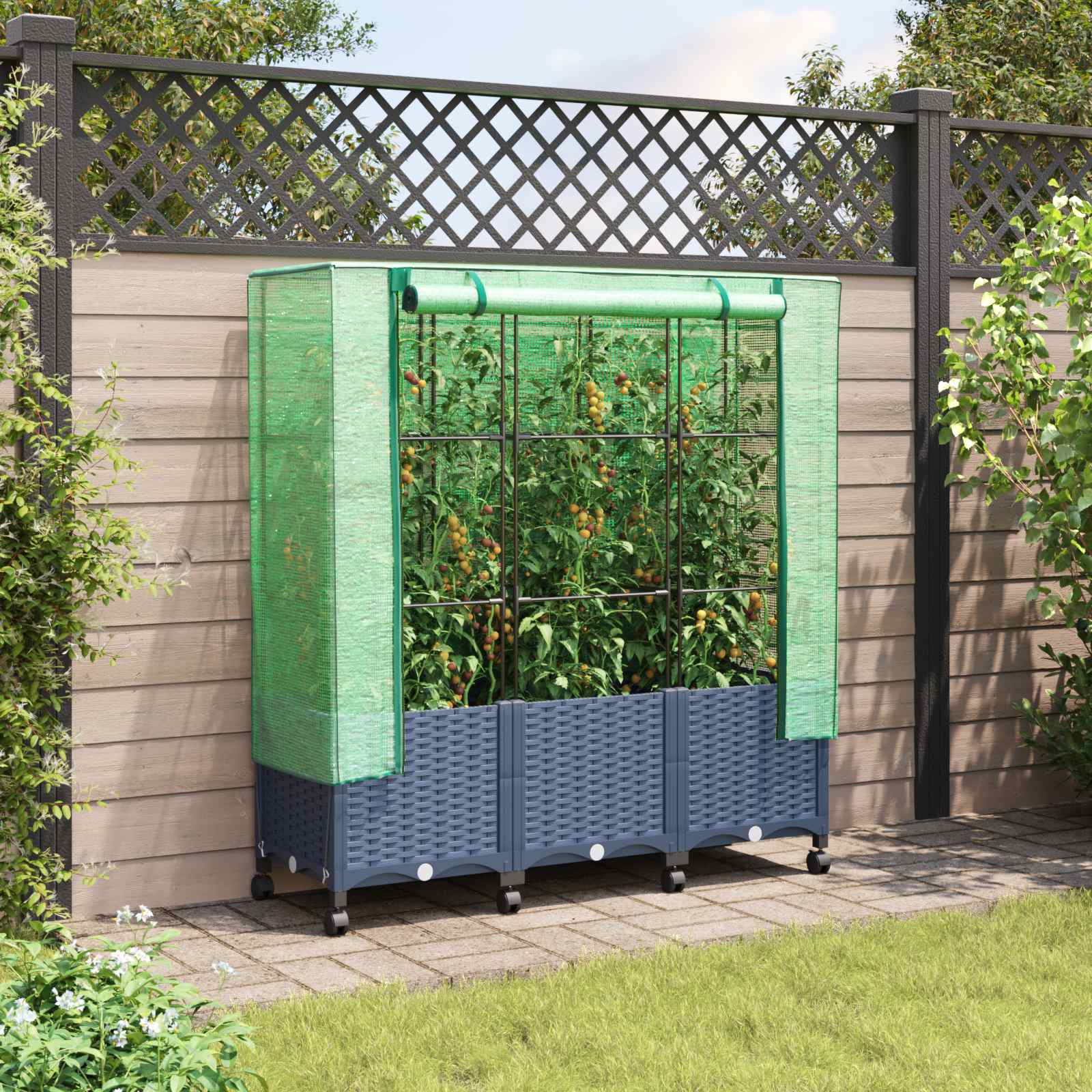 Gartenplanter mit Gewächshausabdeckung und Rädern 3 stk. PP