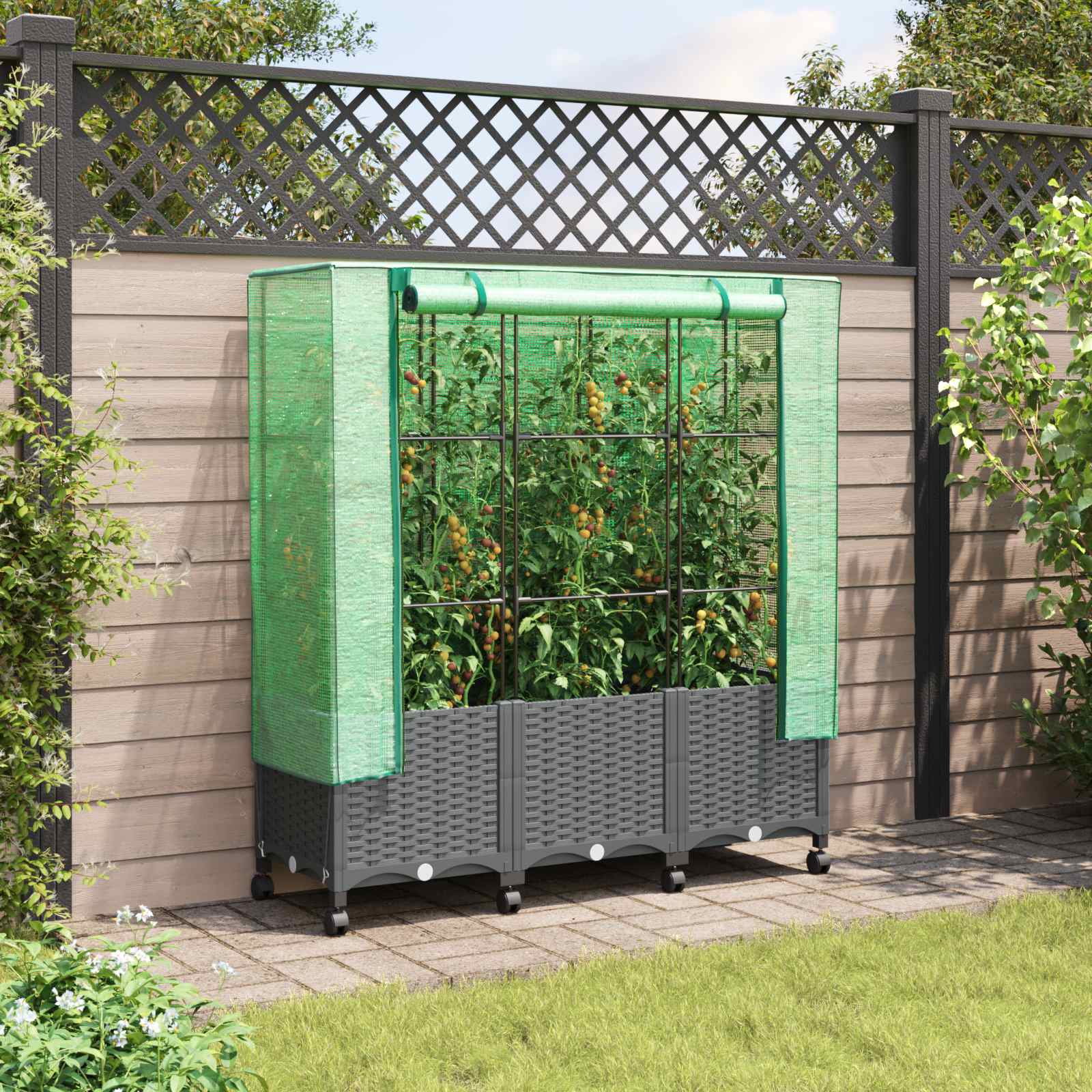 Gartenplanter mit Gewächshausabdeckung und Rädern 3 stk. PP