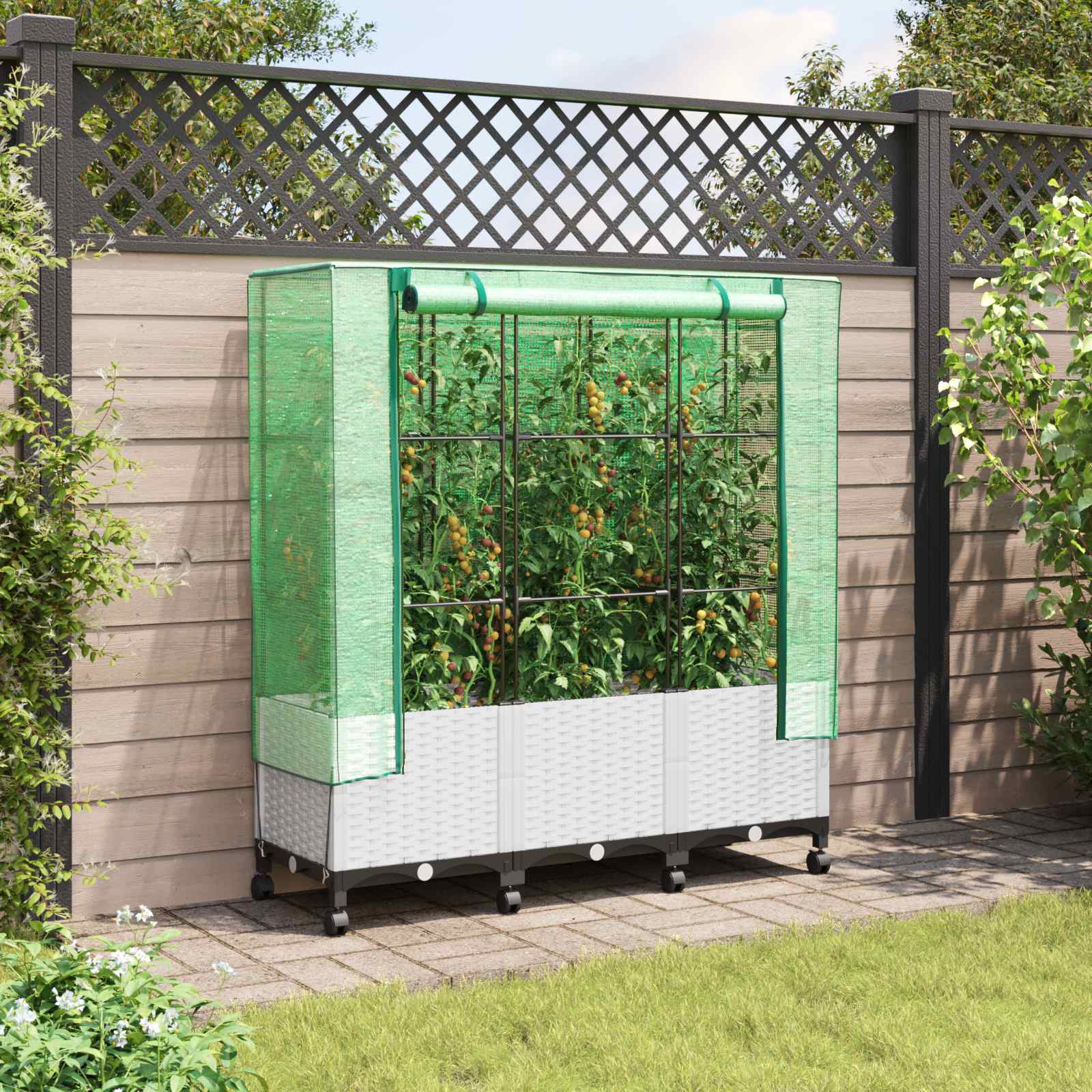 Gartenplanter mit Gewächshausabdeckung und Rädern 3 stk. Weiß
