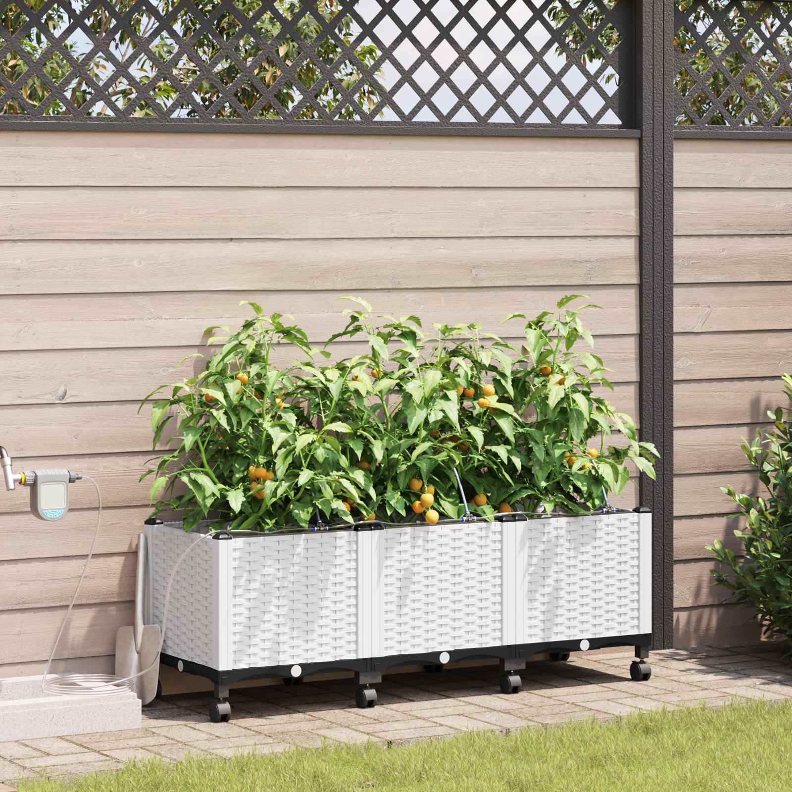 Garten Blumenkübel mit Bewässerung und Rädern 3 Stk. Weiß PP