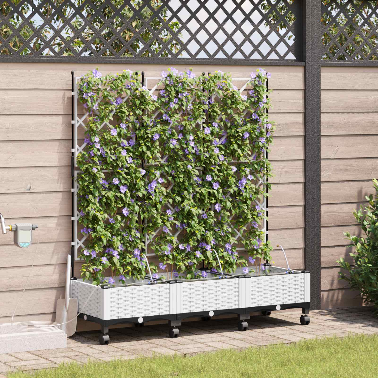 Garten Blumenkübel mit Bewässerung und Rädern 3 Stk. Weiß PP