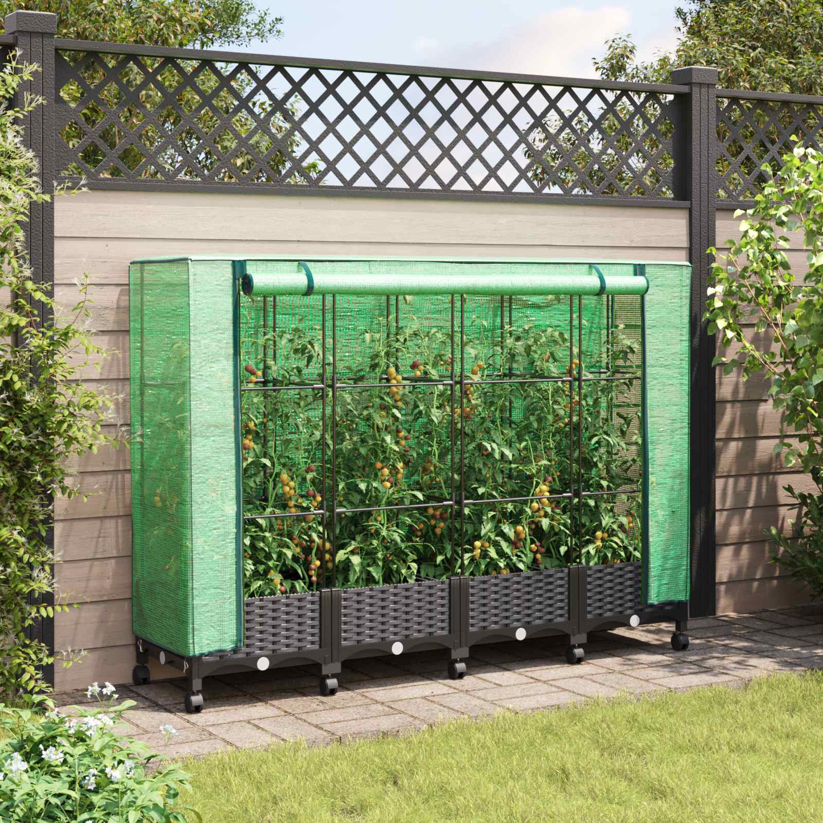Gartenplanter mit Gewächshausabdeckung und Rädern 4 stk. Braun