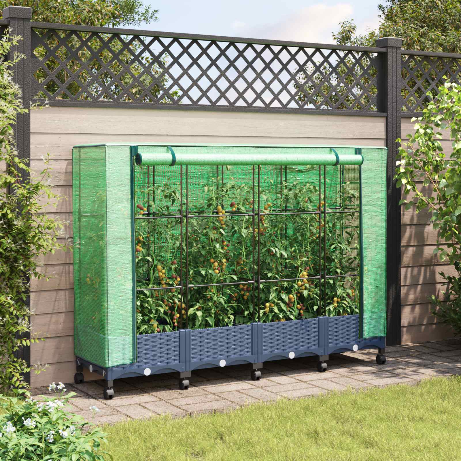 Gartenplanter mit Gewächshausabdeckung und Rädern 4 stk. PP