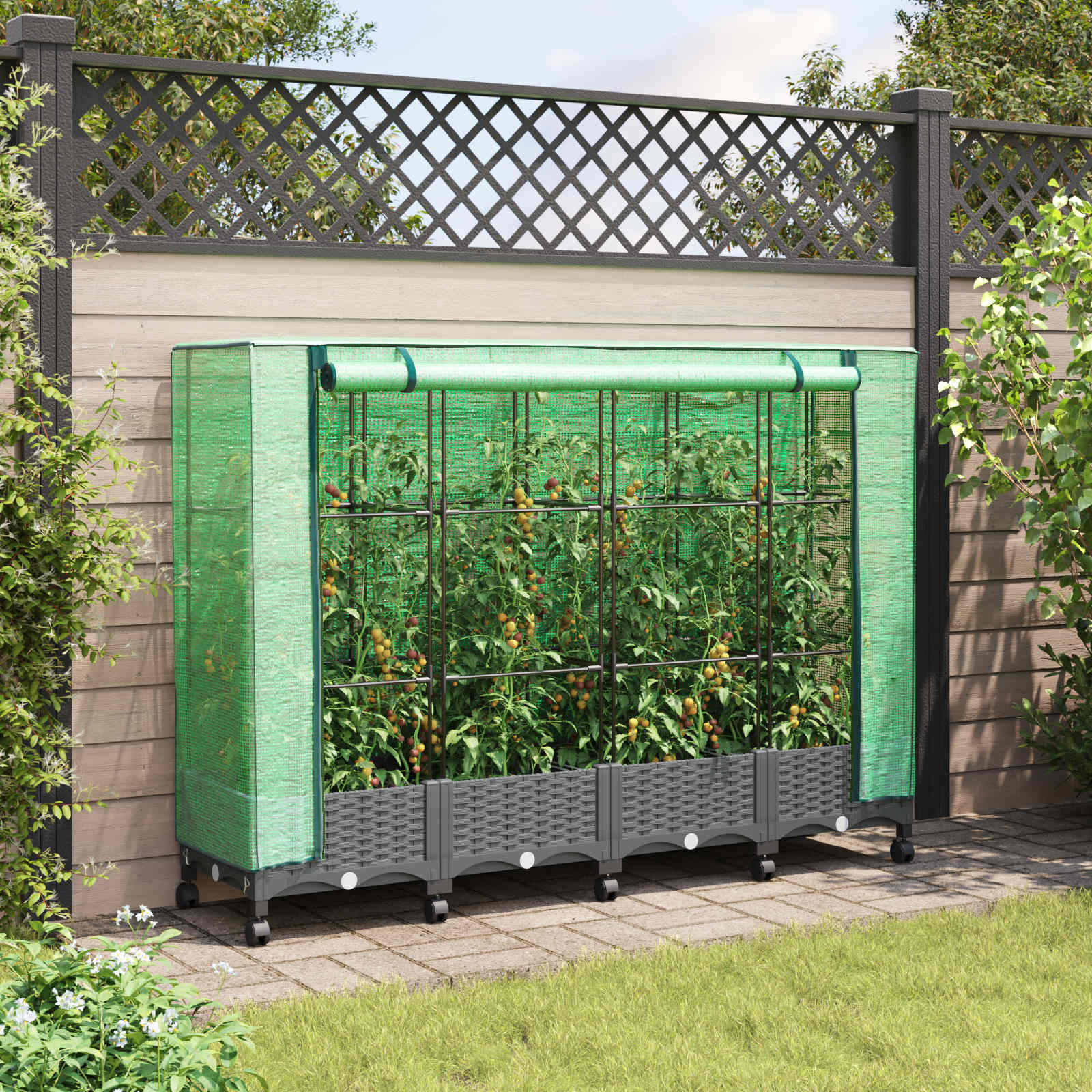 Gartenplanter mit Gewächshausabdeckung und Rädern 4 stk. PP