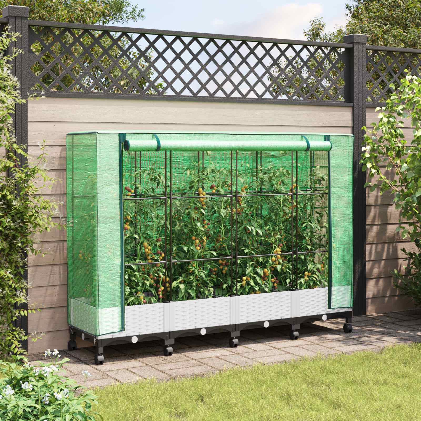Gartenplanter mit Gewächshausabdeckung und Rädern 4 stk. Weiß