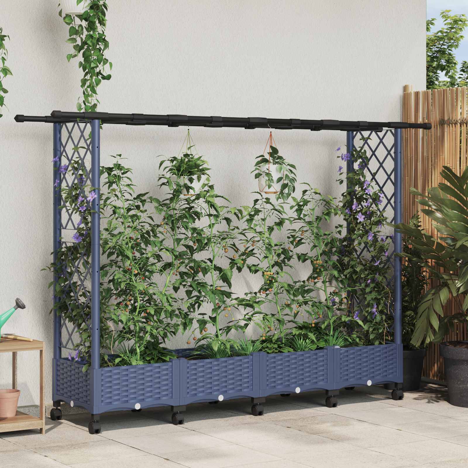 Hochbeet mit Rankgitter und Dach Grau 203 x 40 x 127 cm PP