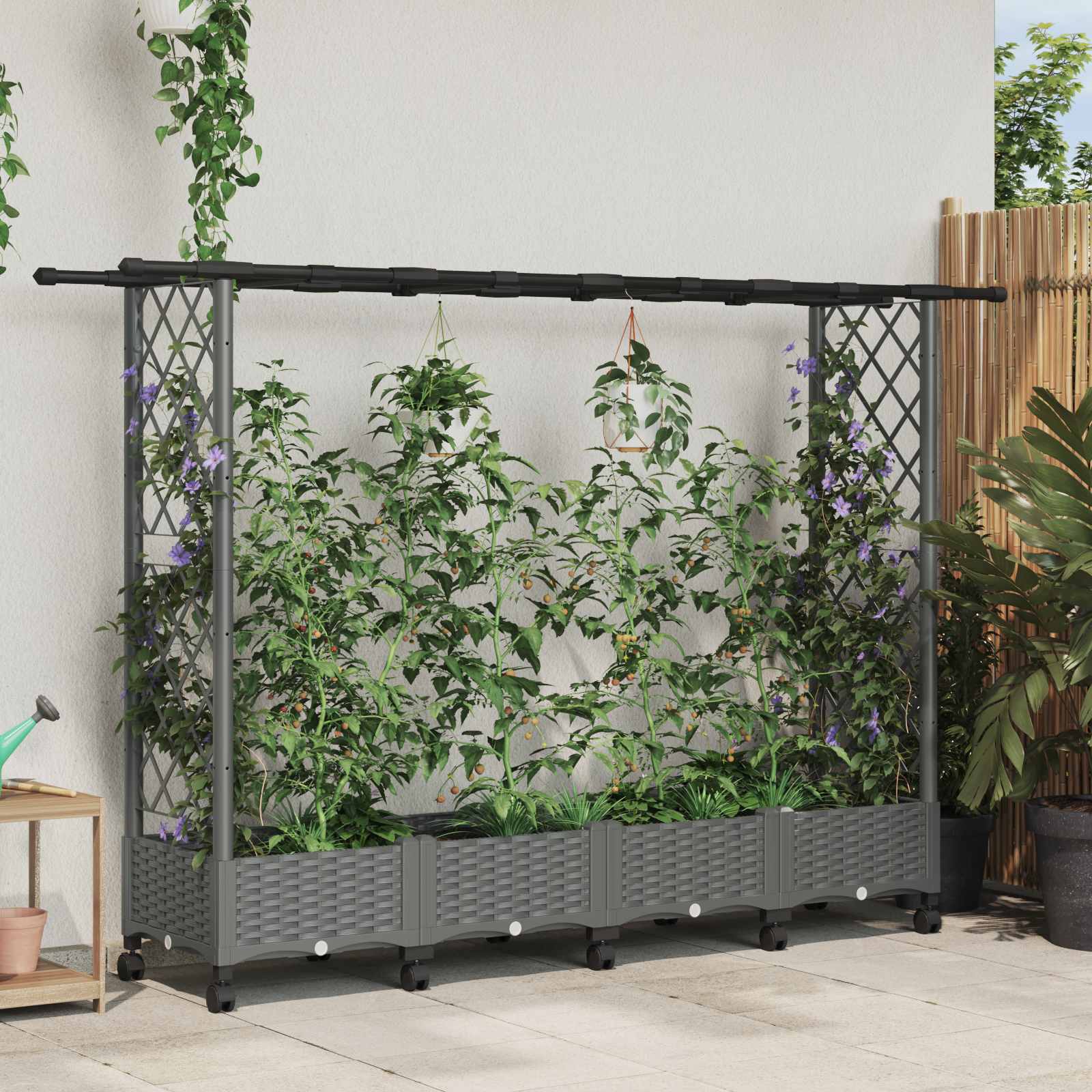 Hochbeet mit Rankgitter und Dach Hellgrau 203 x 40 x 127 cm PP