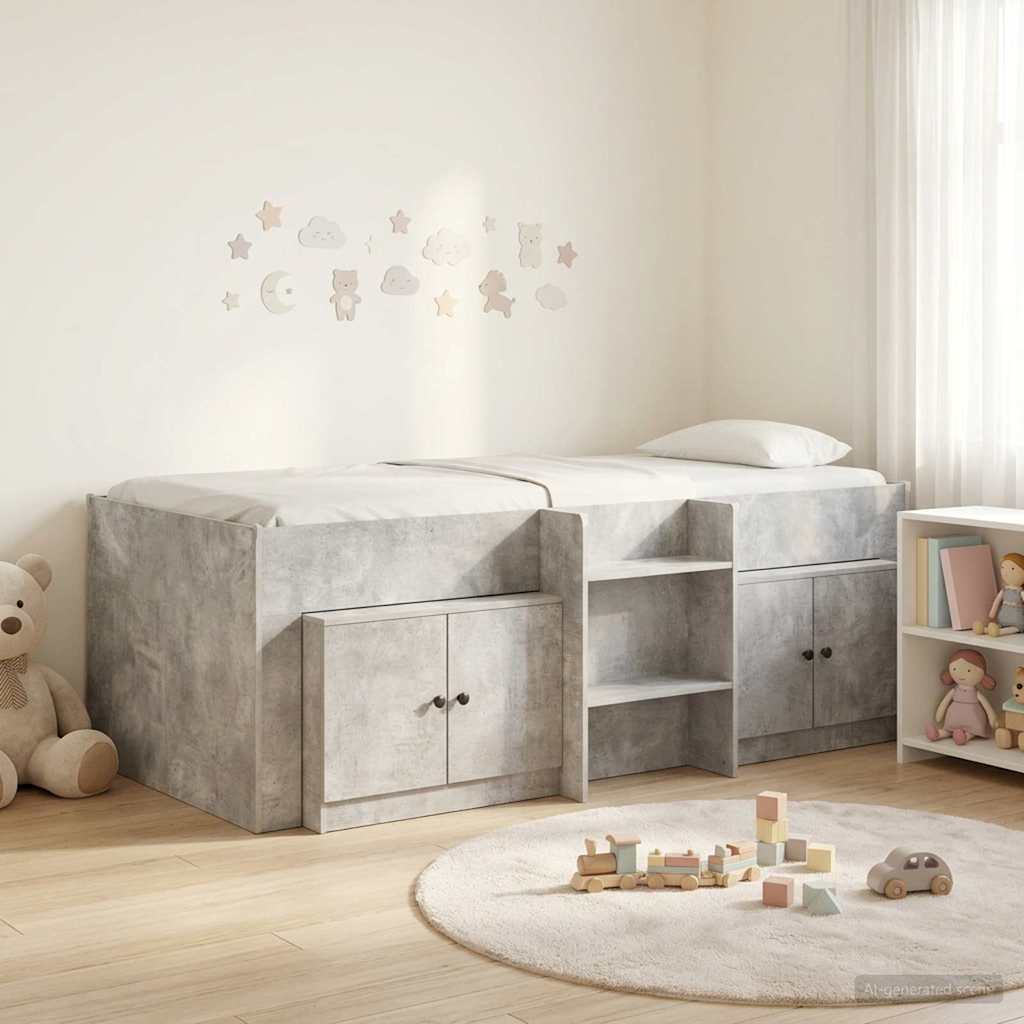 Loft Bettgestell mit Schrank 3 stk. Betongrau Holzwerkstoff