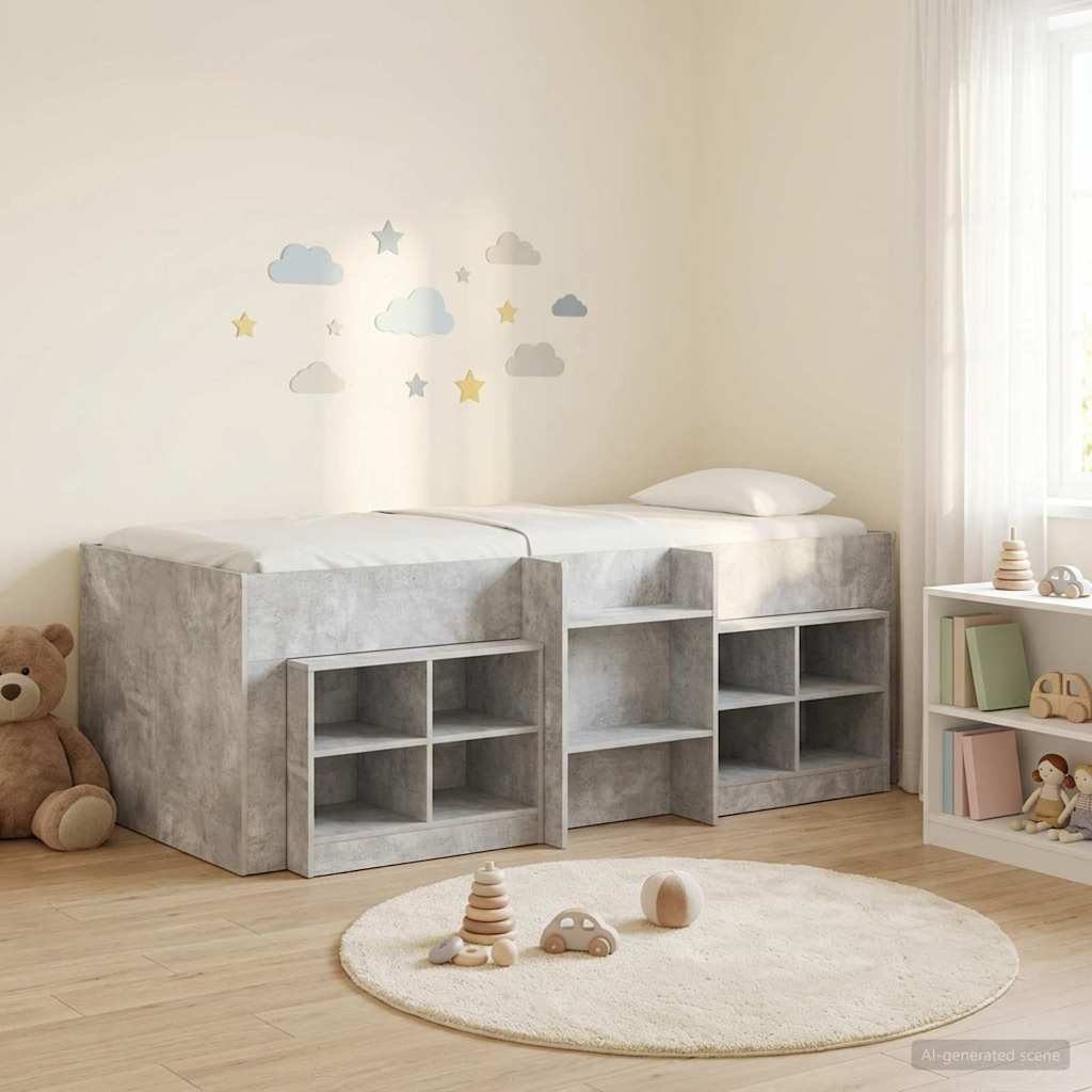 Loft Bettgestell mit Schrank 3 stk. Betongrau Holzwerkstoff