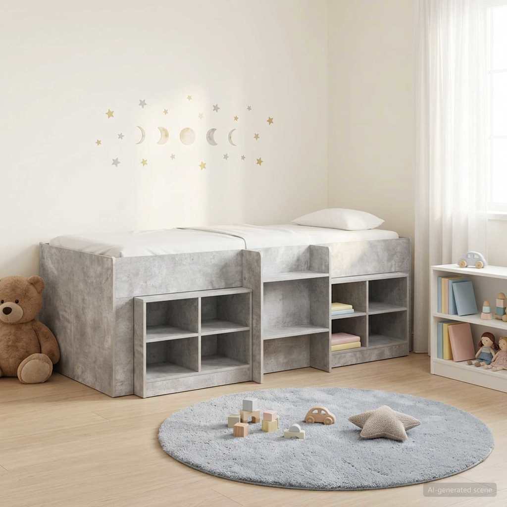 Loft Bettgestell mit Schrank 3 stk. Betongrau Holzwerkstoff