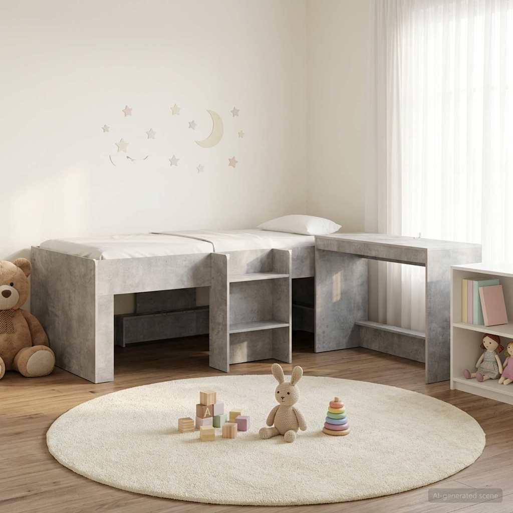 Hochbett mit Schreibtisch für Kinder Betongrau 75 x 190 cm