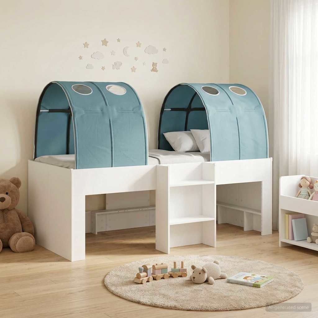 Bett mit Tunnel 3 stk. Weiß und Hellblau Holzwerkstoff