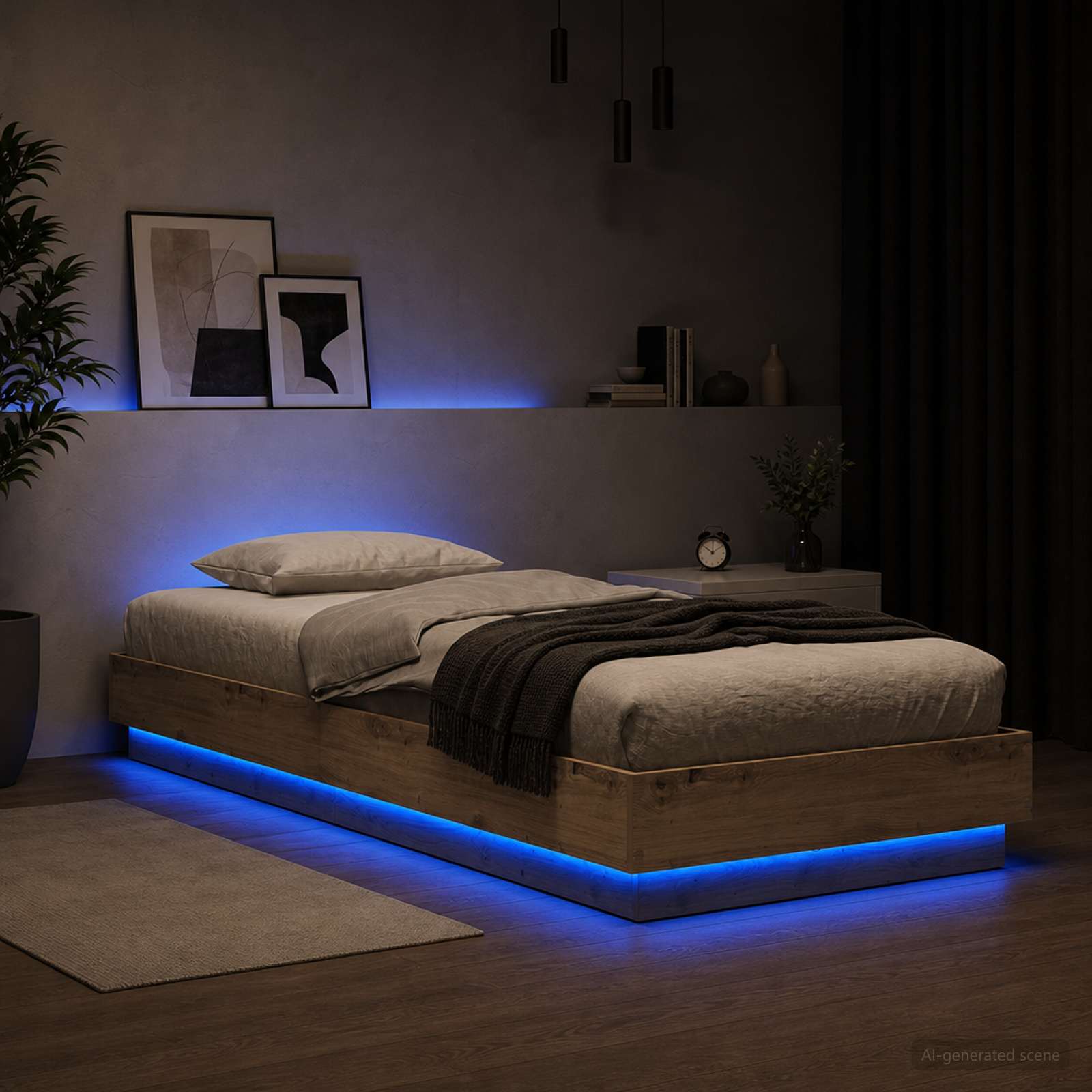 Bettgestell mit LED Kunsthandwerk Eiche 80 x 200 cm
