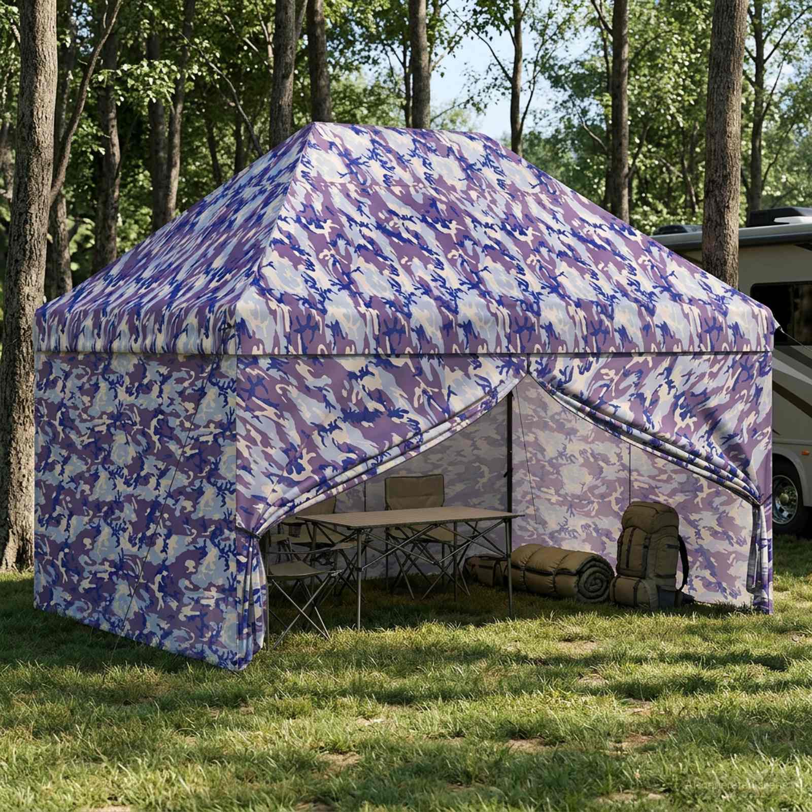 Pop-up Pavillon mit 4 Seitenwänden 2,9 x 4,3 m Blaue Camouflage