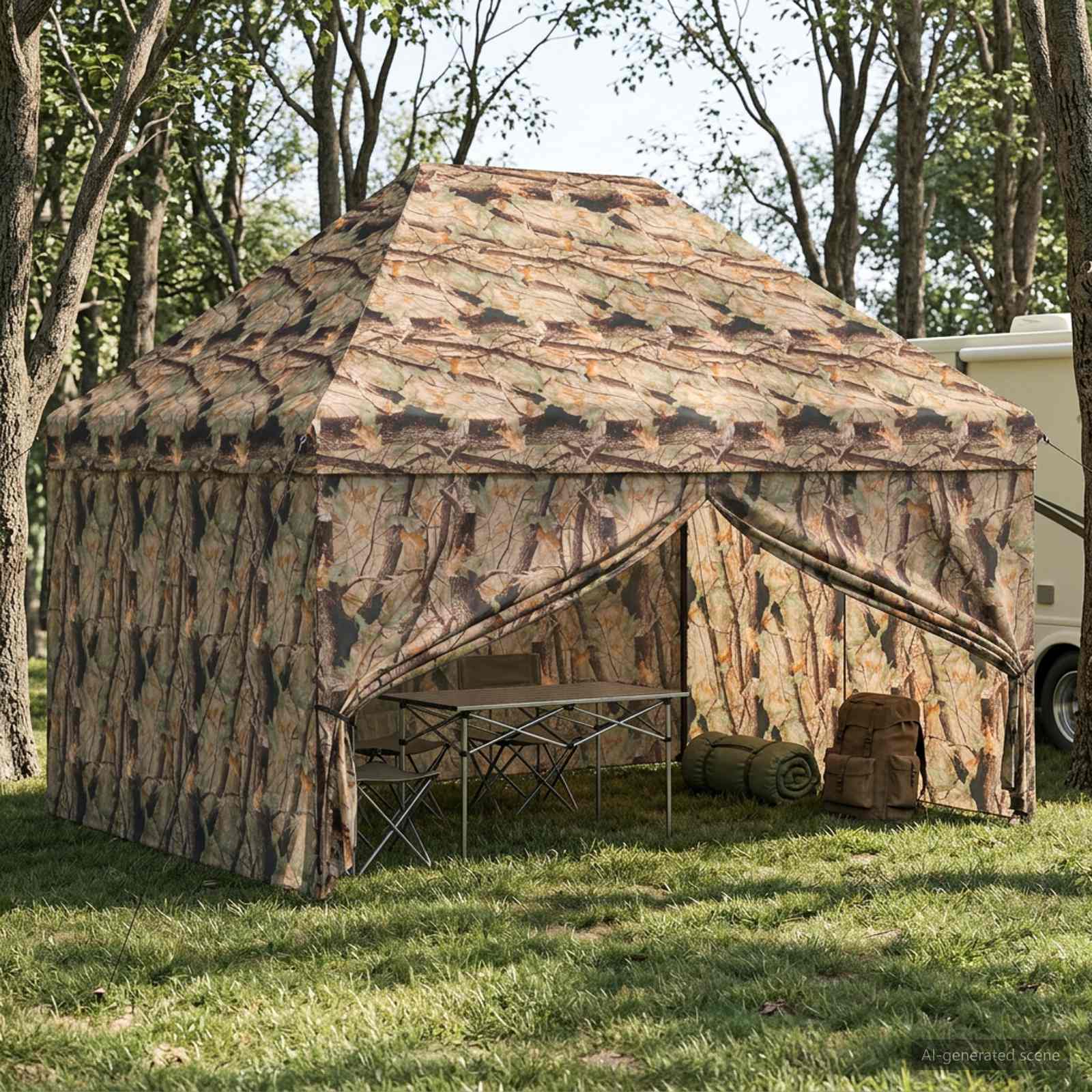 Pop-up Pavillon mit 4 Seitenwänden 3 x 4,5 m Wald-Tarnfarbe