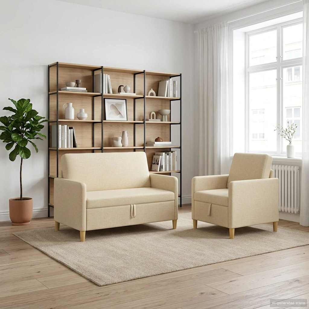 Sofa Set mit Stauraum 2 stk. Creme Polyester