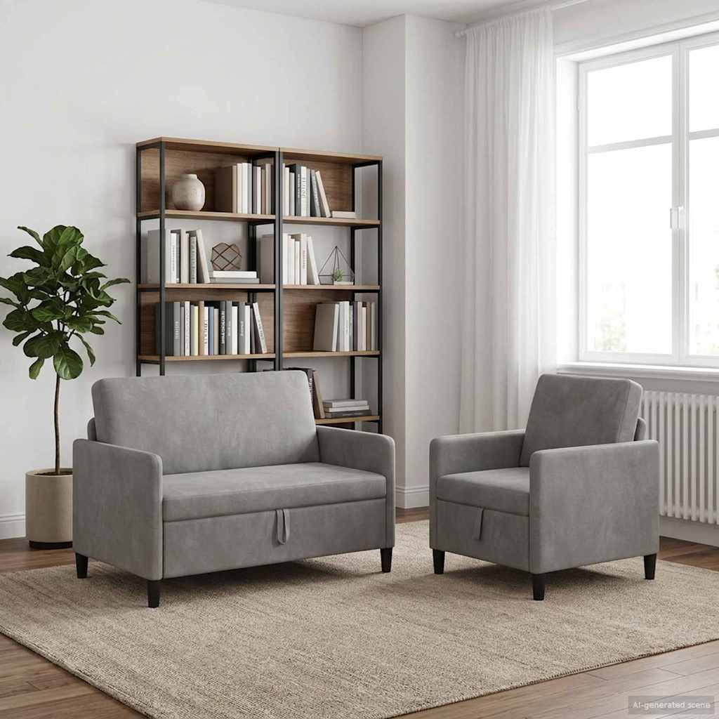 Sofa Set mit Stauraum 2 stk. Hellgrau Polyester