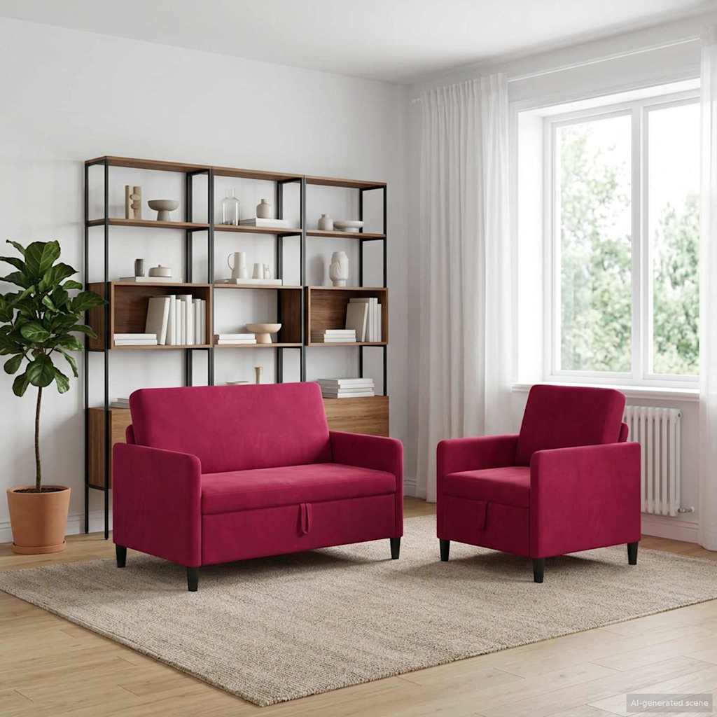 Sofa Set mit Stauraum 2 stk. Weinrot Polyester