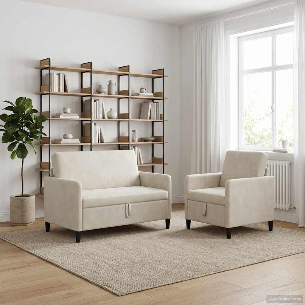 Sofa Set mit Stauraum 2 stk. Creme Polyester