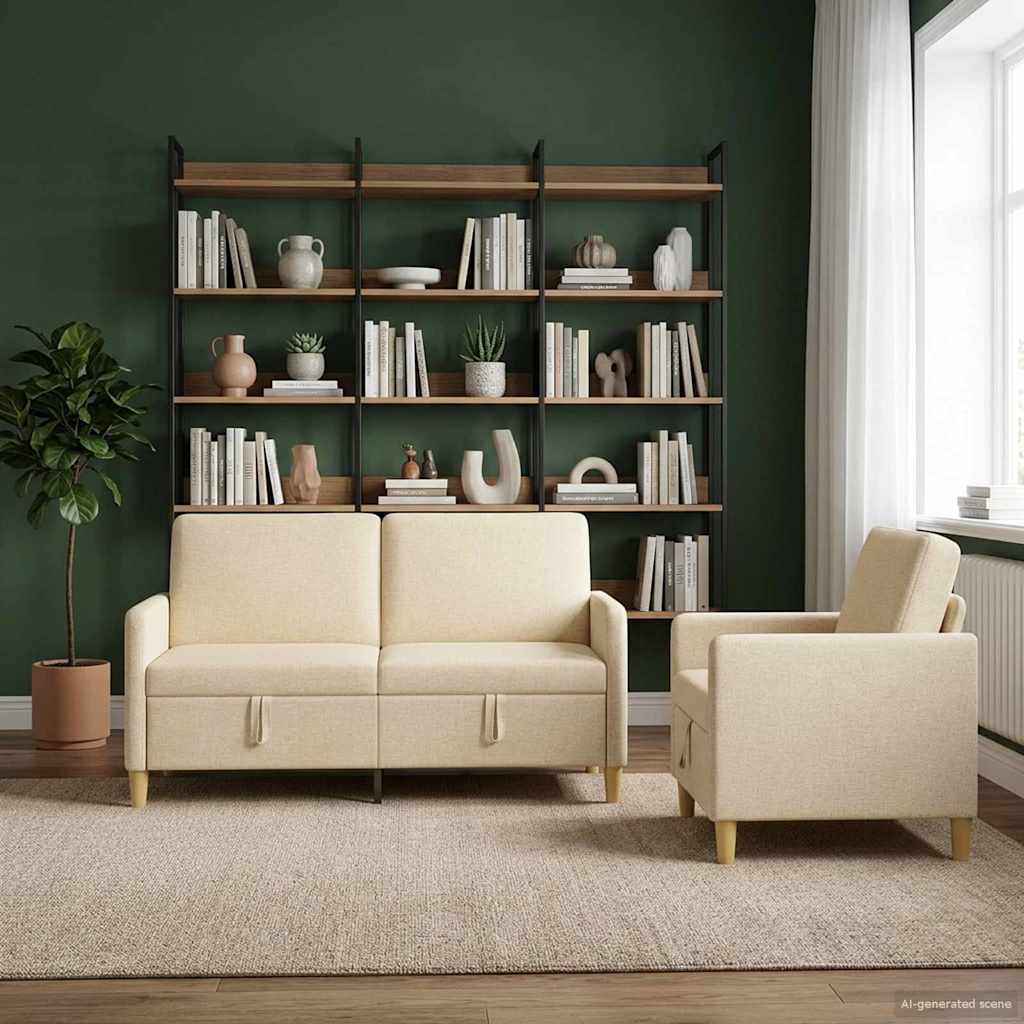 Sofa Set mit Stauraum 2 stk. Creme Polyester