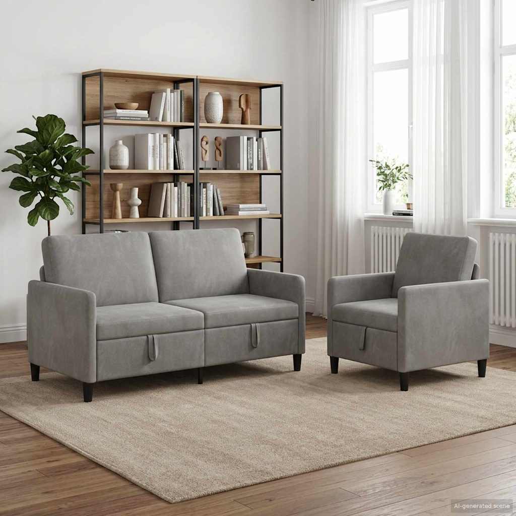 Sofa Set mit Stauraum 2 stk. Hellgrau Polyester