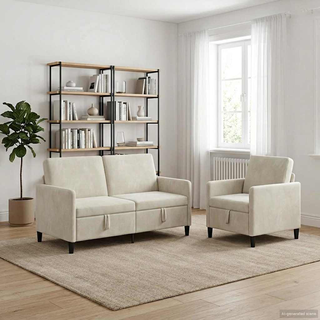 Sofa Set mit Stauraum 2 stk. Creme Polyester