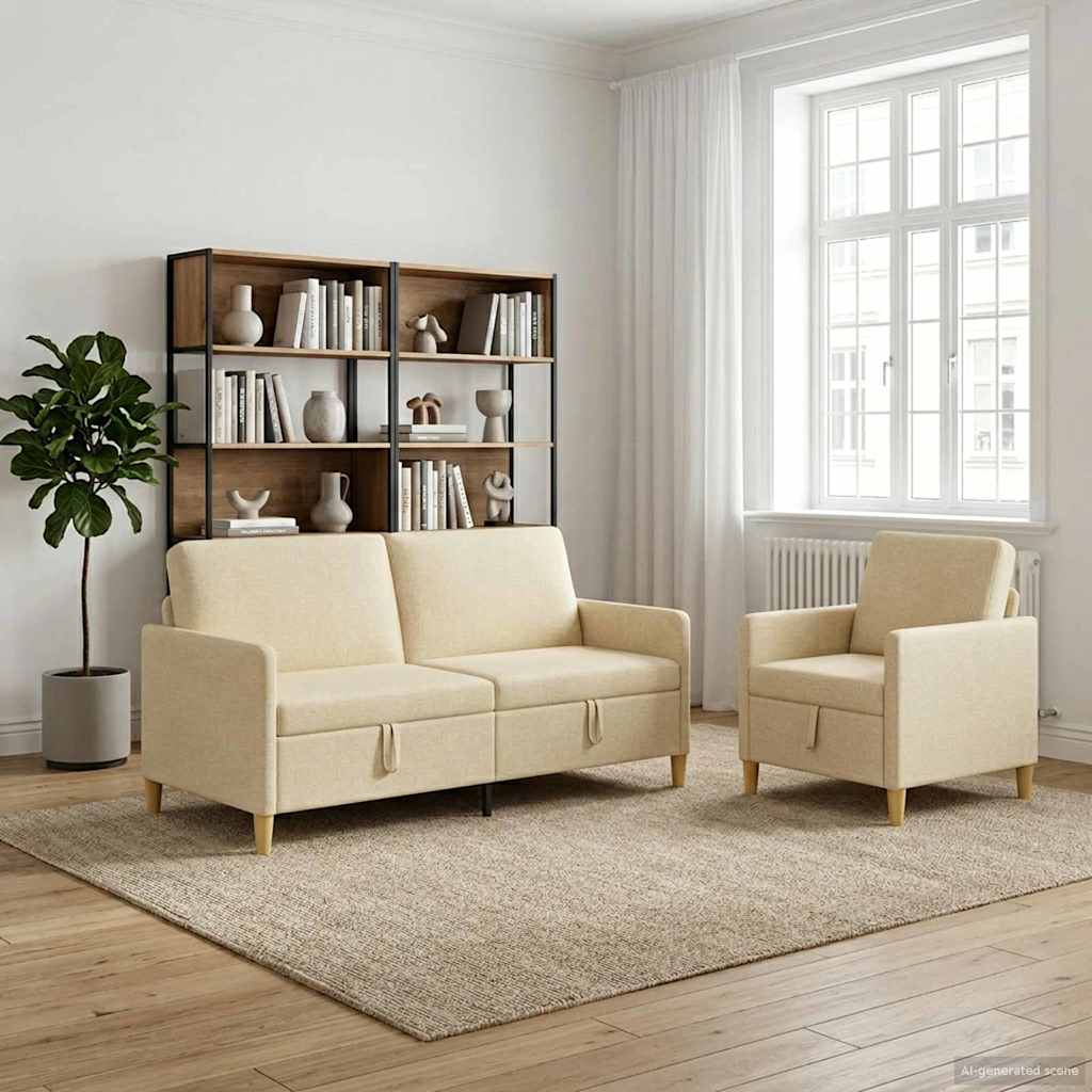 Sofa Set mit Stauraum 2 stk. Creme Polyester