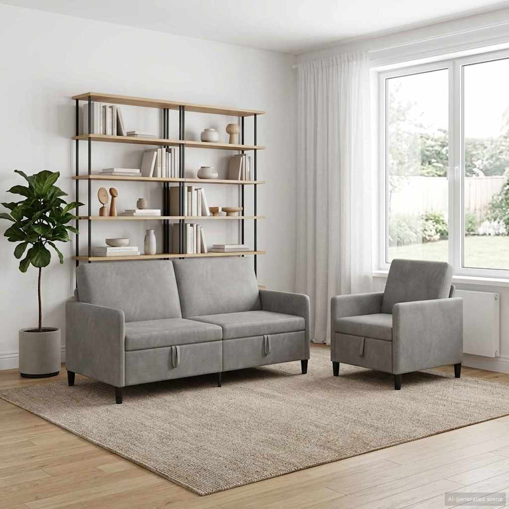 Sofa Set mit Stauraum 2 stk. Hellgrau Polyester