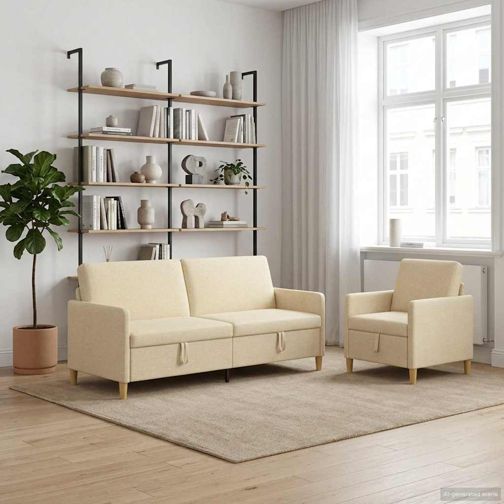Sofa Set mit Stauraum 2 stk. Creme Polyester