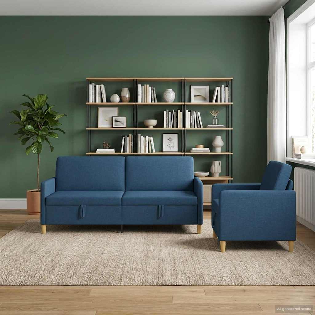 Sofa Set mit Stauraum 2 stk. Blau Polyester