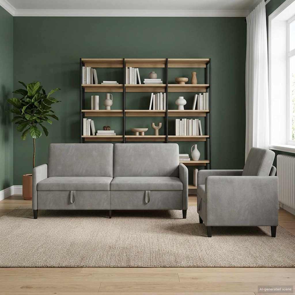 Sofa Set mit Stauraum 2 stk. Hellgrau Polyester