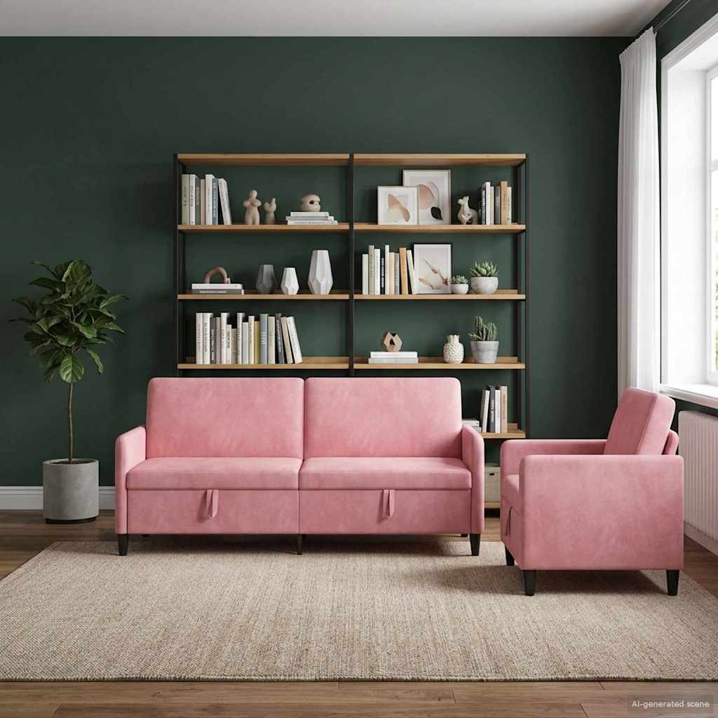 Sofa Set mit Stauraum 2 stk. Rosa Polyester