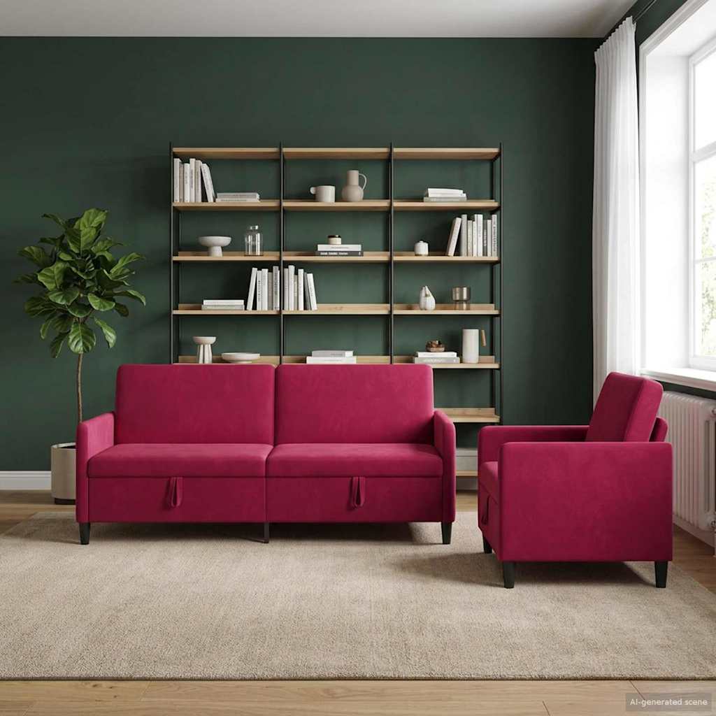 Sofa Set mit Stauraum 2 stk. Weinrot Polyester