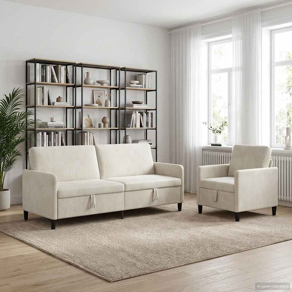 Sofa Set mit Stauraum 2 stk. Creme Polyester
