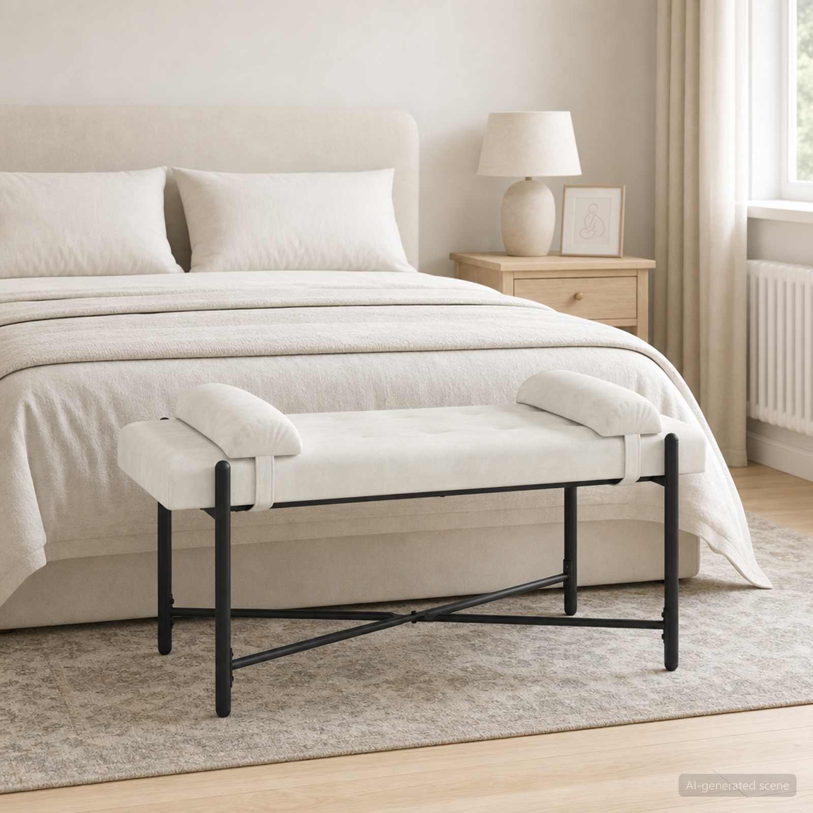 Knopfgepolsterte Bank mit Kissen Creme 110 x 40 x 46 cm Samt