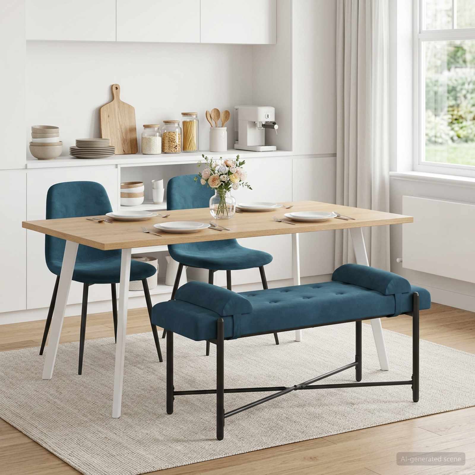 Knopfgepolsterte Bank mit Kissen Blau 110 x 40 x 46 cm Samt