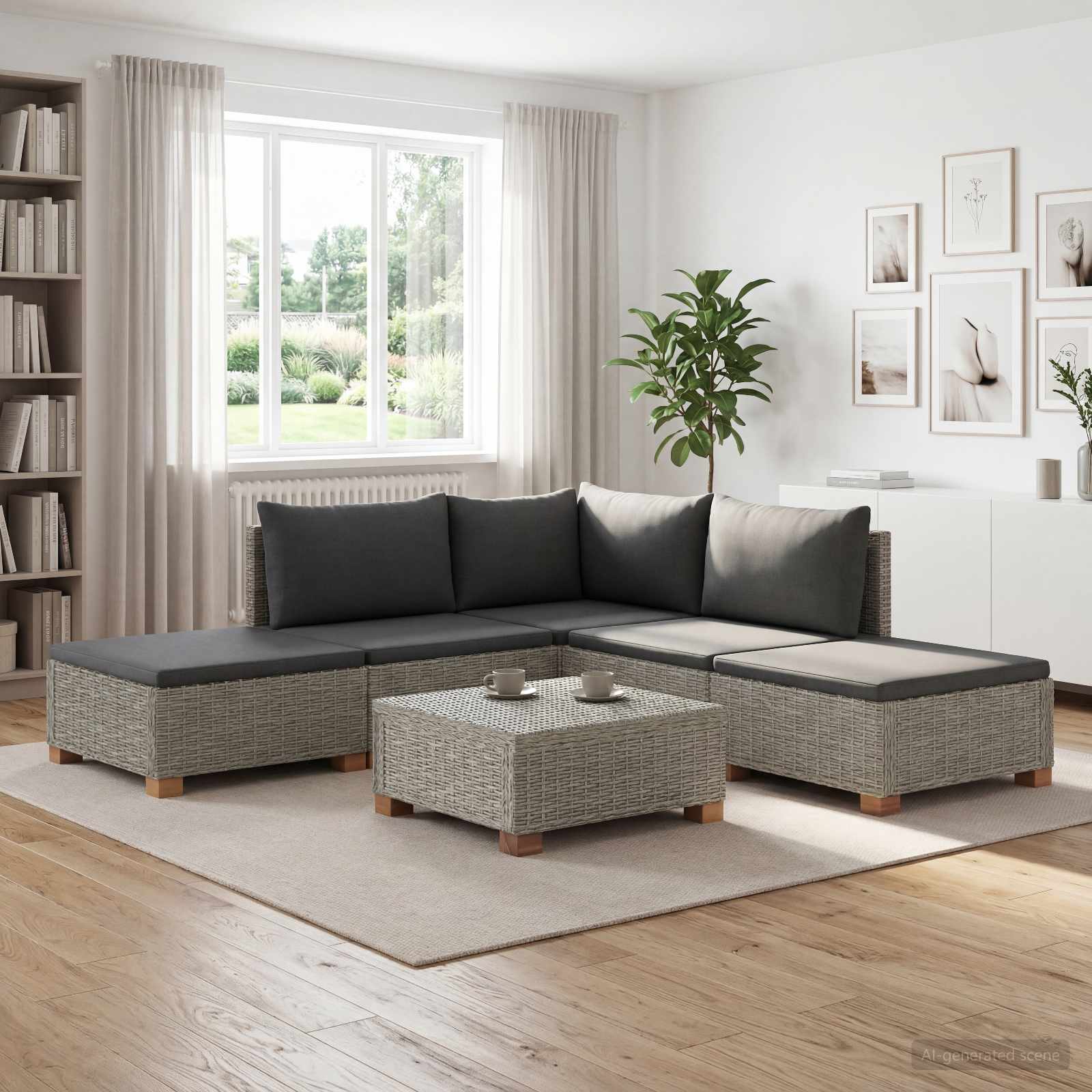 6 Stk. Rattan-Lounge-Set mit Kissen GENDT Naturrattan Kubu Grau