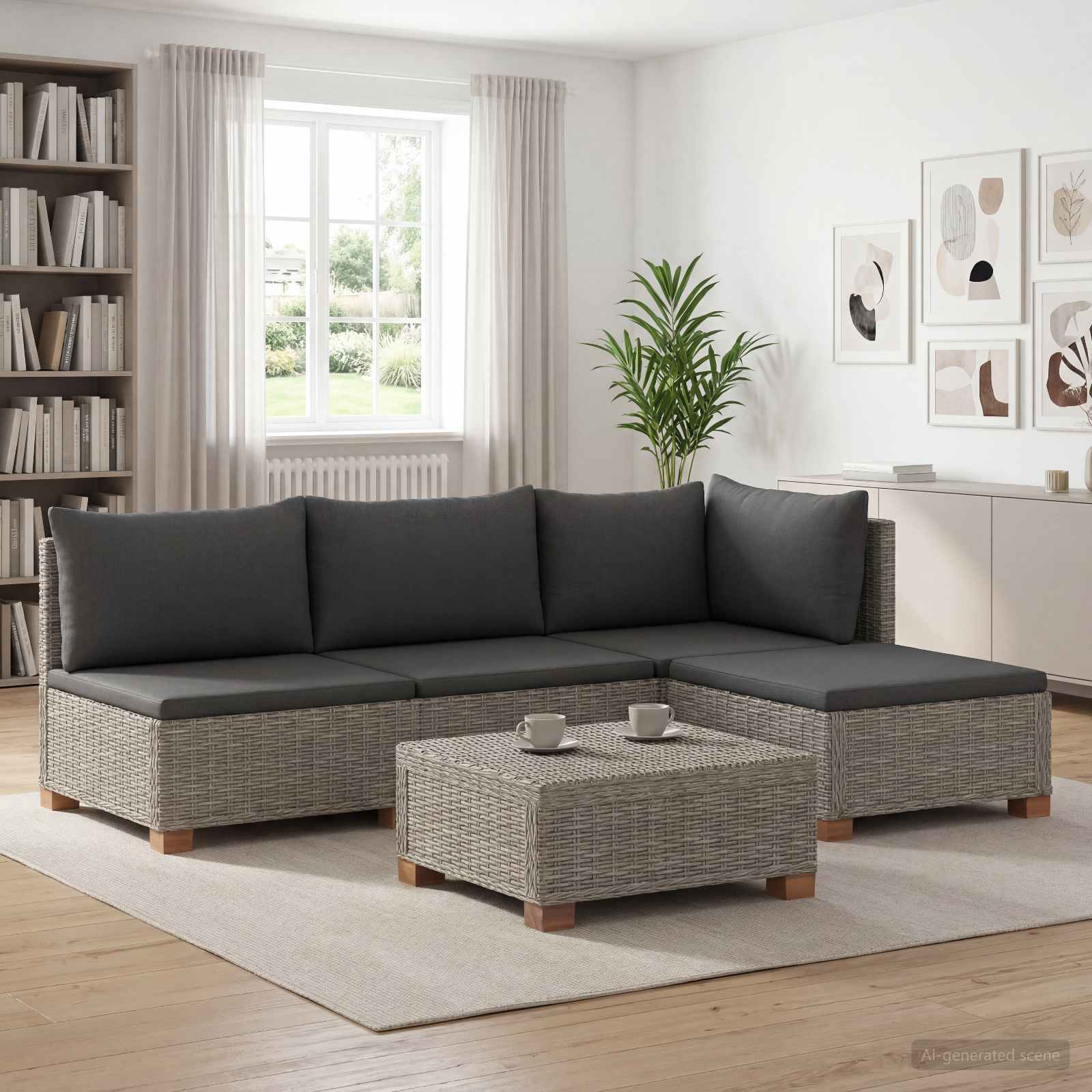 5 Stk. Rattan-Lounge-Set mit Kissen GENDT Naturrattan Kubu Grau