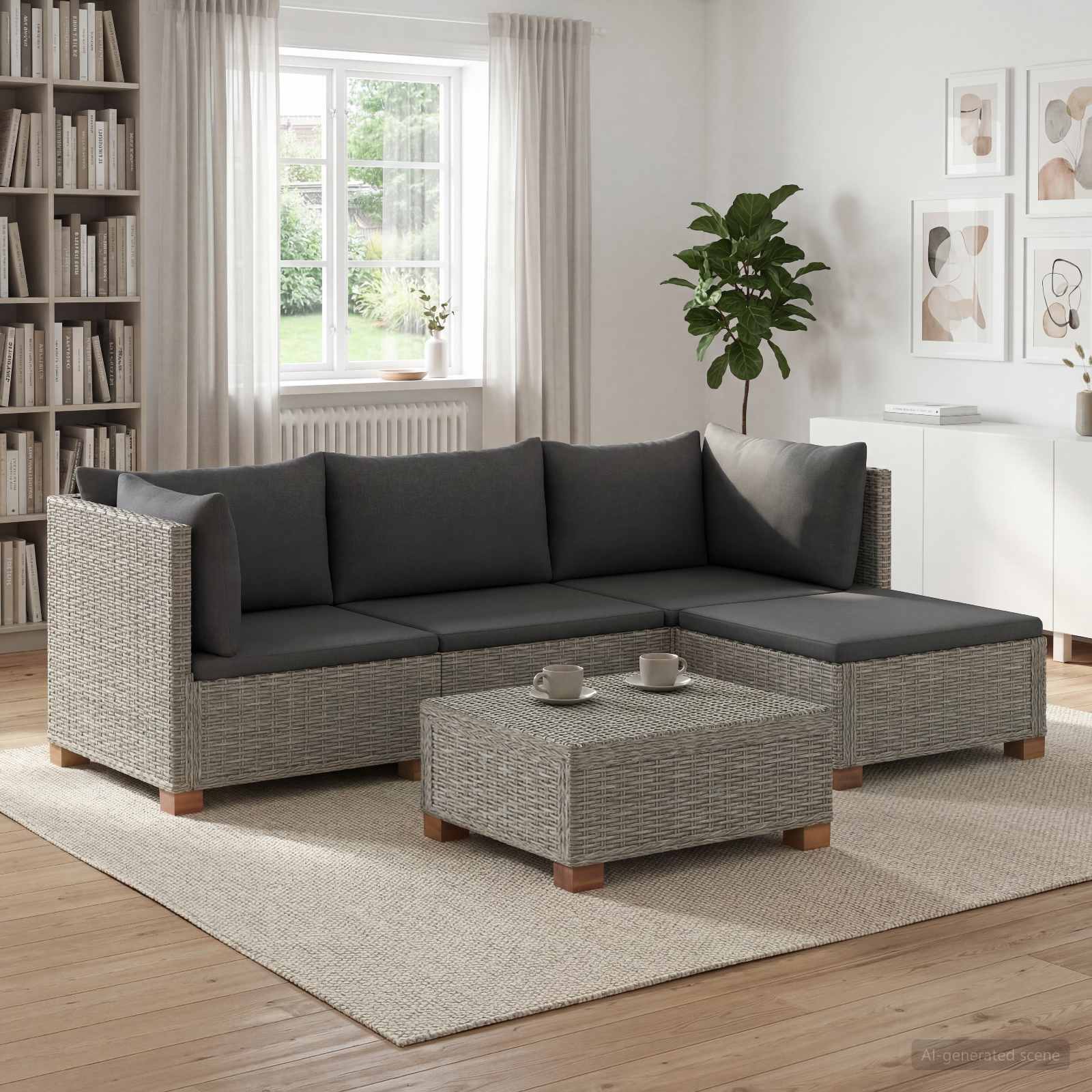 5 Stk. Rattan-Lounge-Set mit Kissen GENDT Naturrattan Kubu Grau