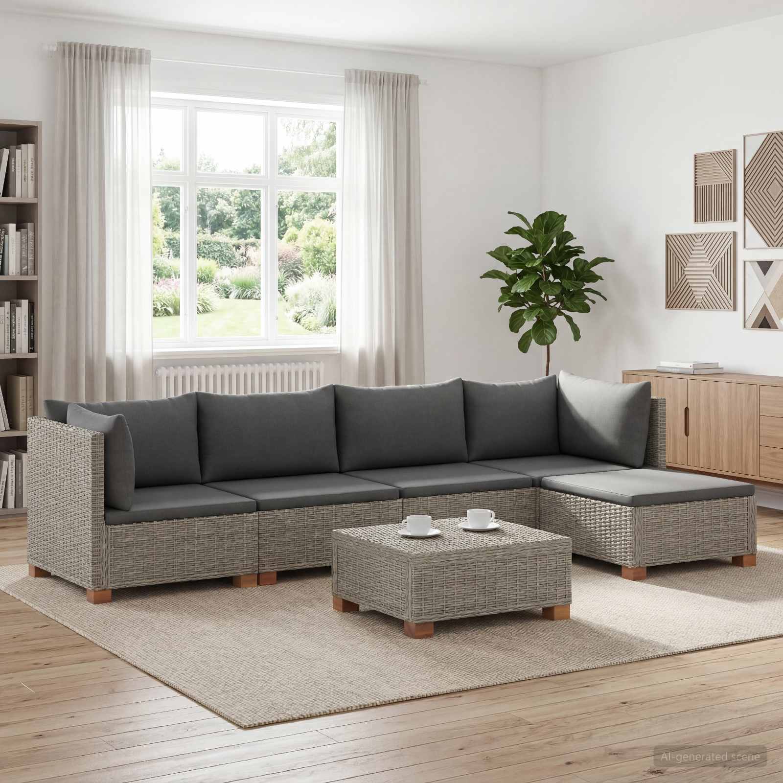 6 Stk. Rattan-Lounge-Set mit Kissen GENDT Naturrattan Kubu Grau