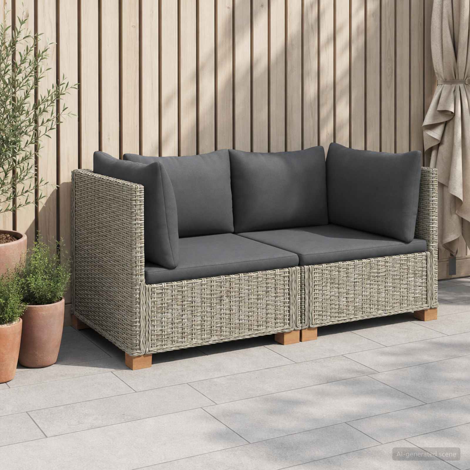 2 Stk. Rattan-Lounge-Set mit Kissen GENDT Naturrattan Kubu Grau