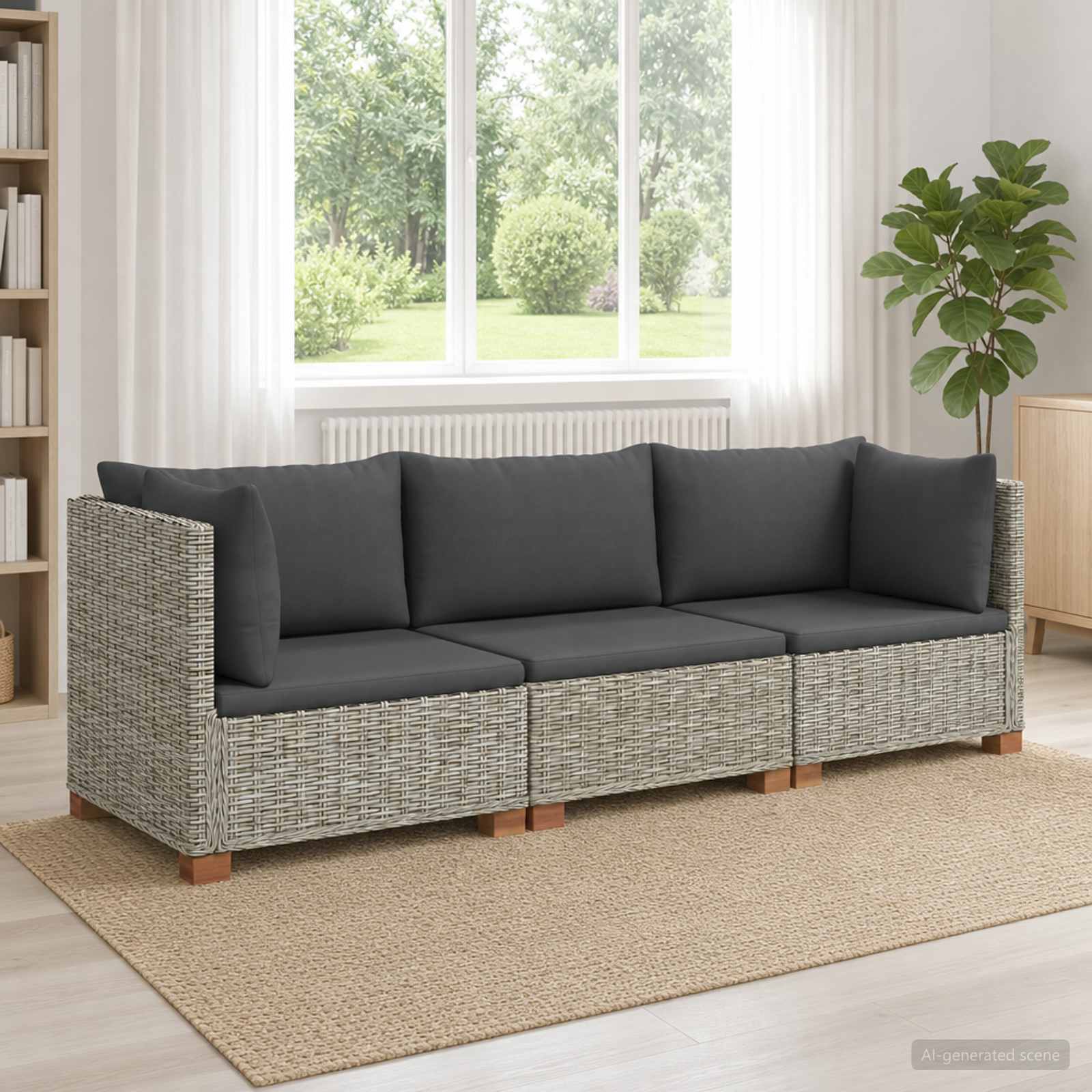 3 Stk. Rattan-Lounge-Set mit Kissen GENDT Naturrattan Kubu Grau