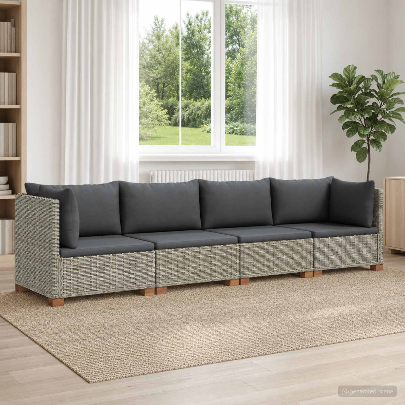 4 Stk. Rattan-Lounge-Set mit Kissen GENDT Naturrattan Kubu Grau