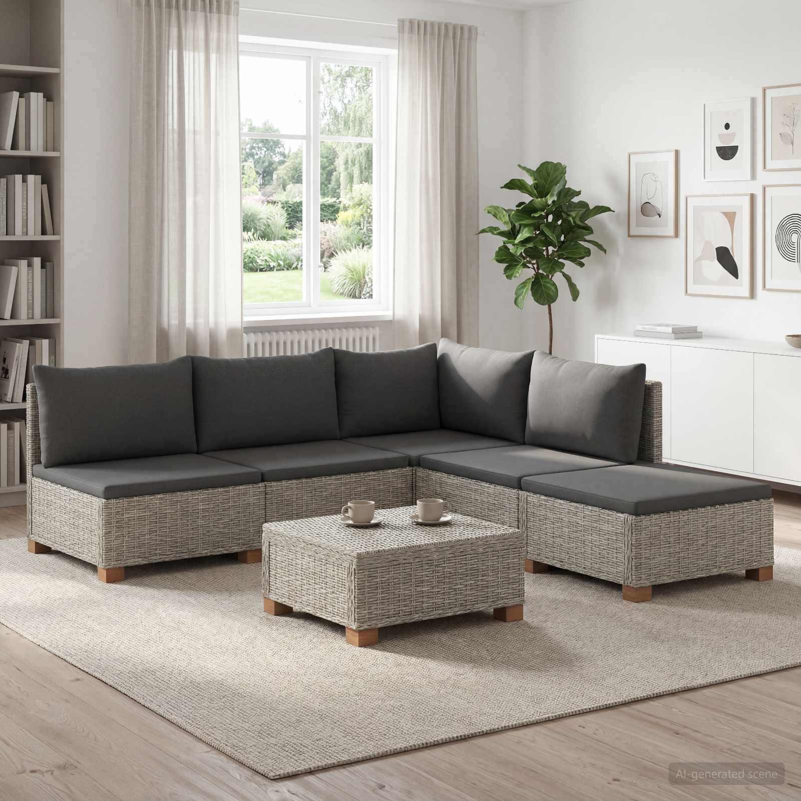 6 Stk. Rattan-Lounge-Set mit Kissen GENDT Naturrattan Kubu Grau