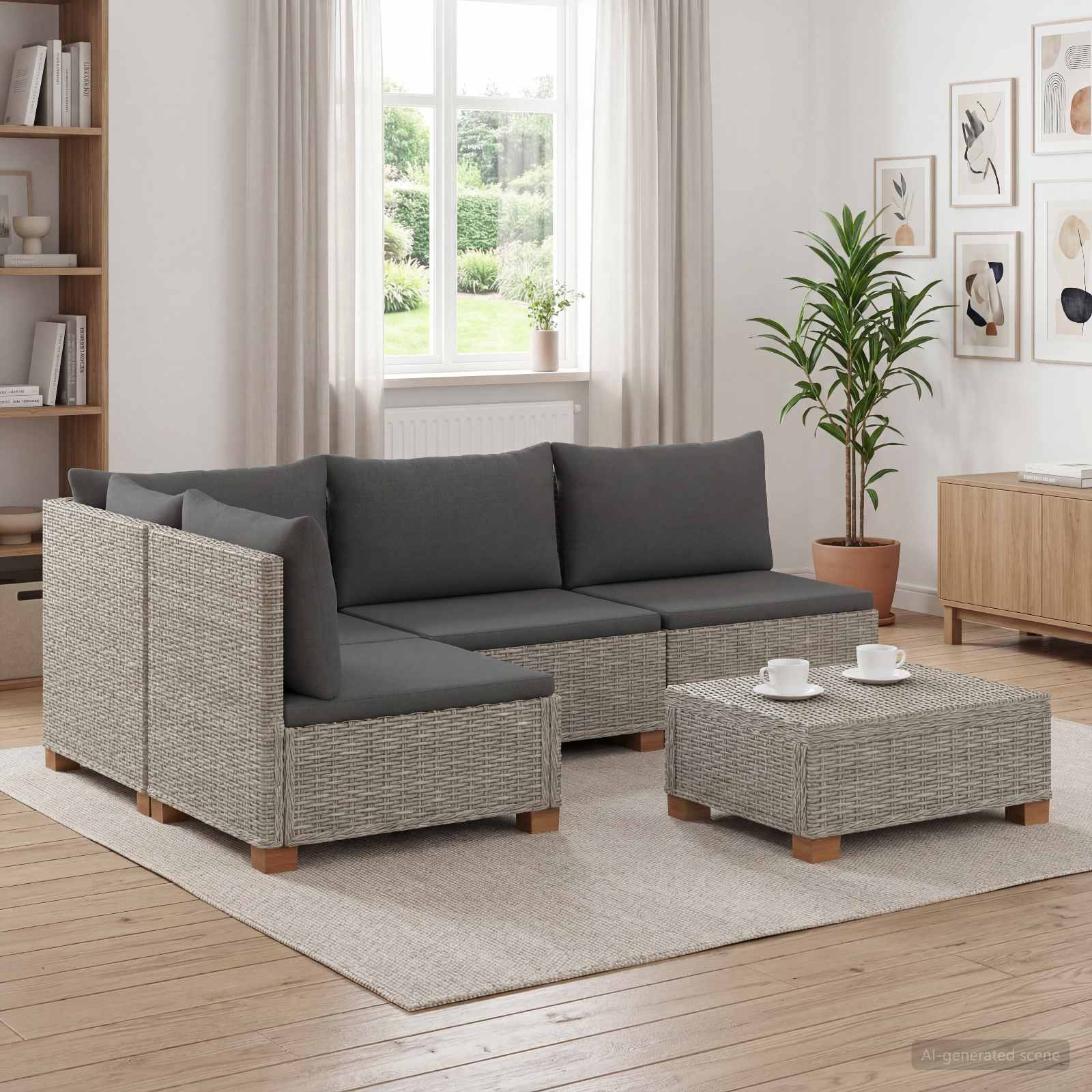 5 Stk. Rattan-Lounge-Set mit Kissen GENDT Naturrattan Kubu Grau