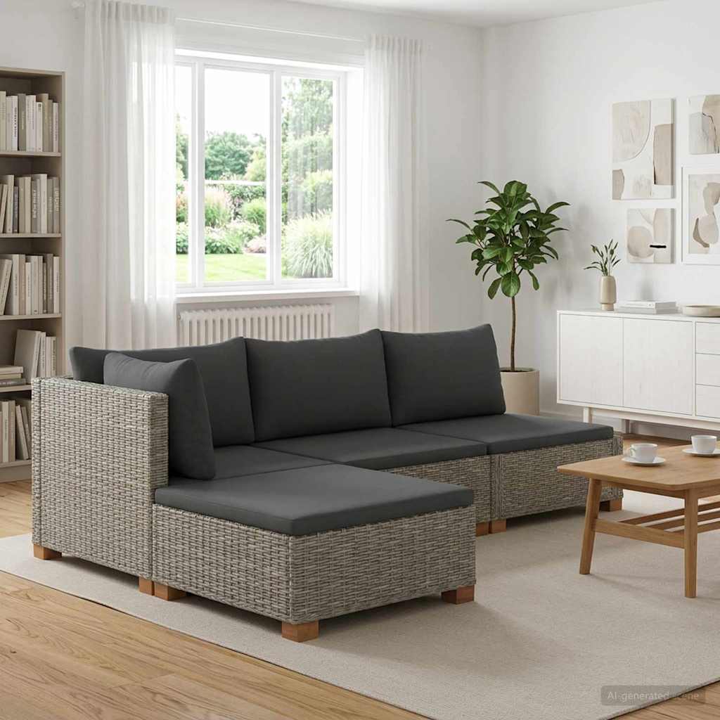 3 Stk. Rattan-Lounge-Set mit Kissen GENDT Naturrattan Kubu Grau