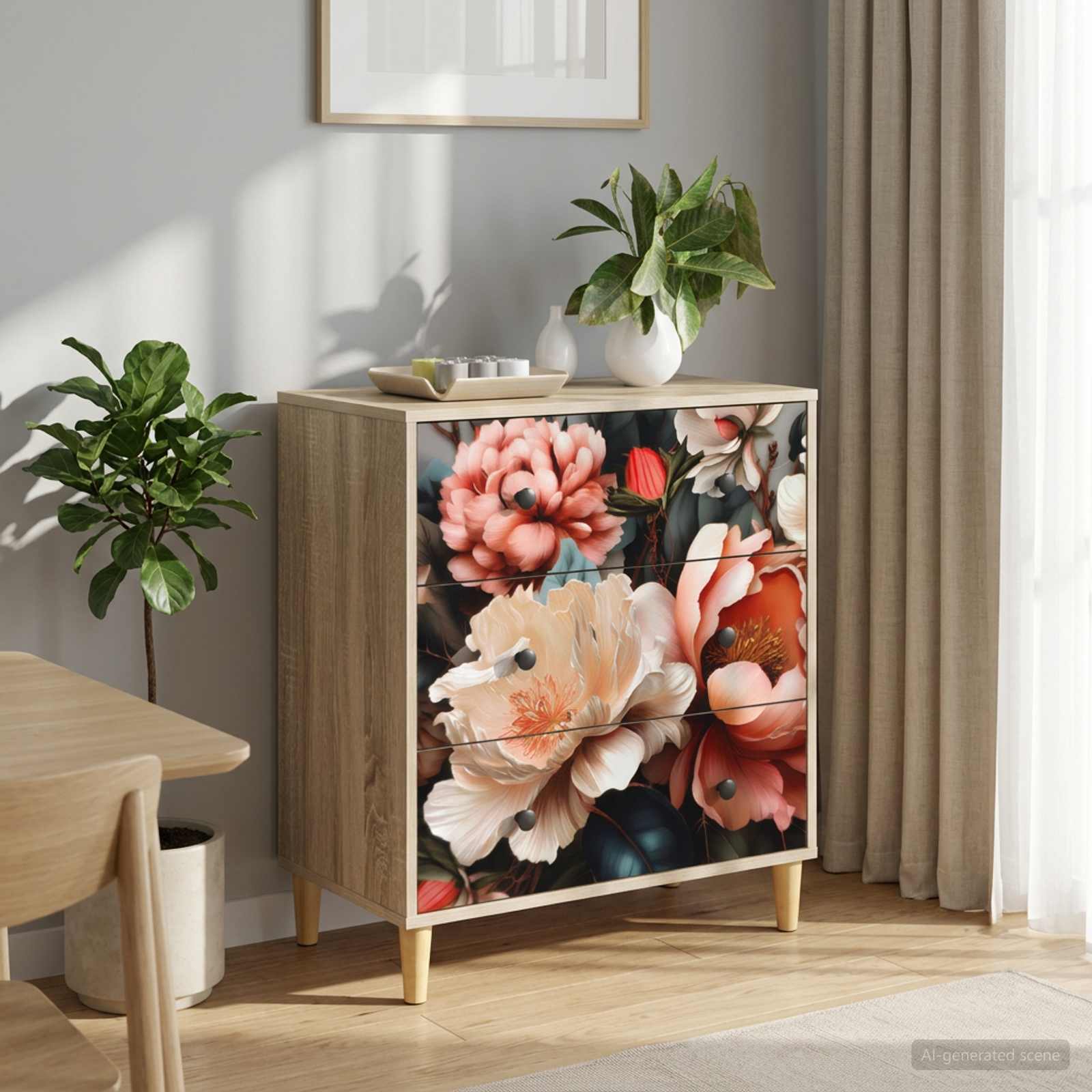 Kommode BORNE Licht Pfingstrose Druck 66 x 36,5 x 75 cm Sonoma