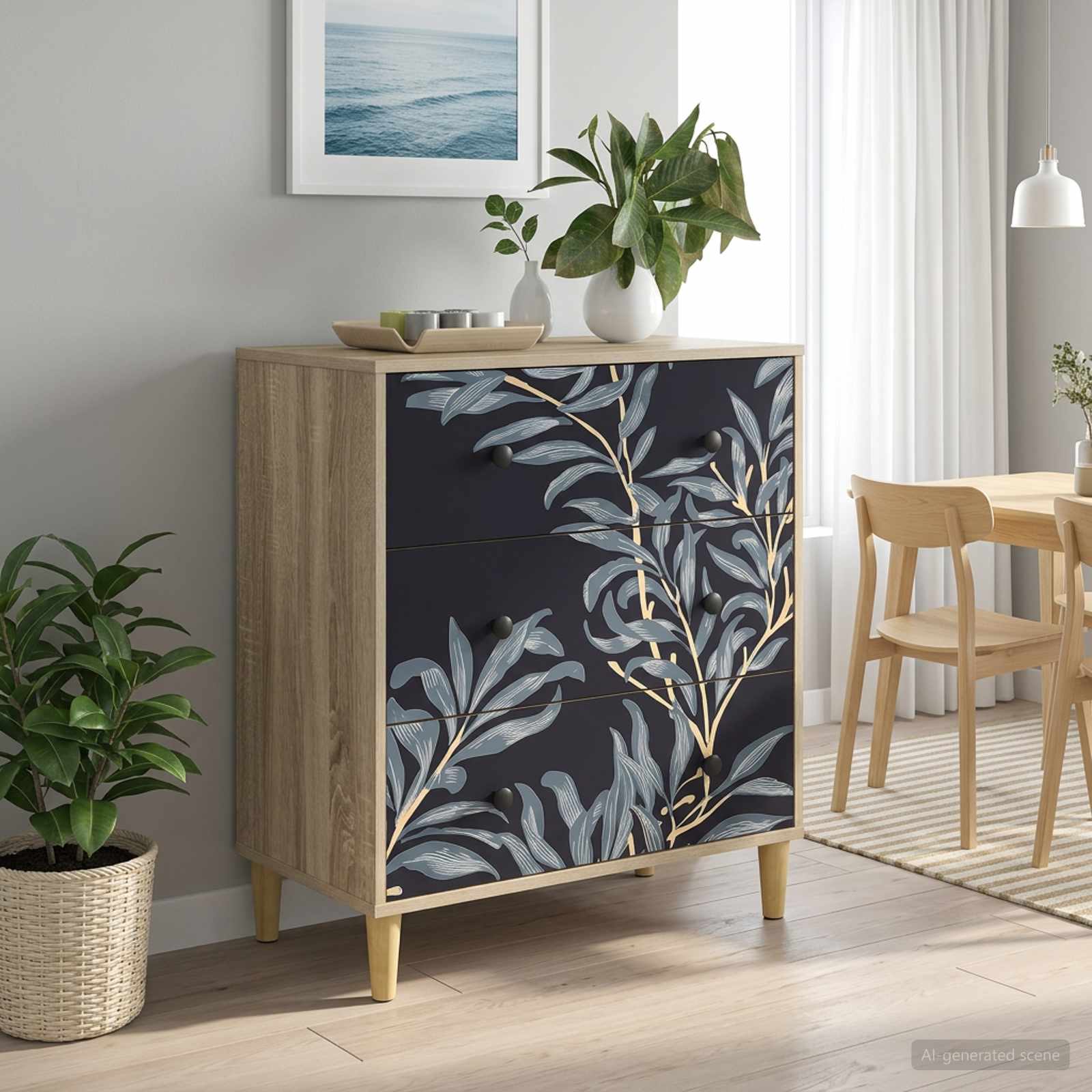 Kommode DOKKUM Blaues Farnmuster 66 x 36,5 x 75 cm Sonoma